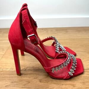 NEW Schutz Linsey Red Nubuck Sandal Embellished Bejeweled Diamond Crystal Heels